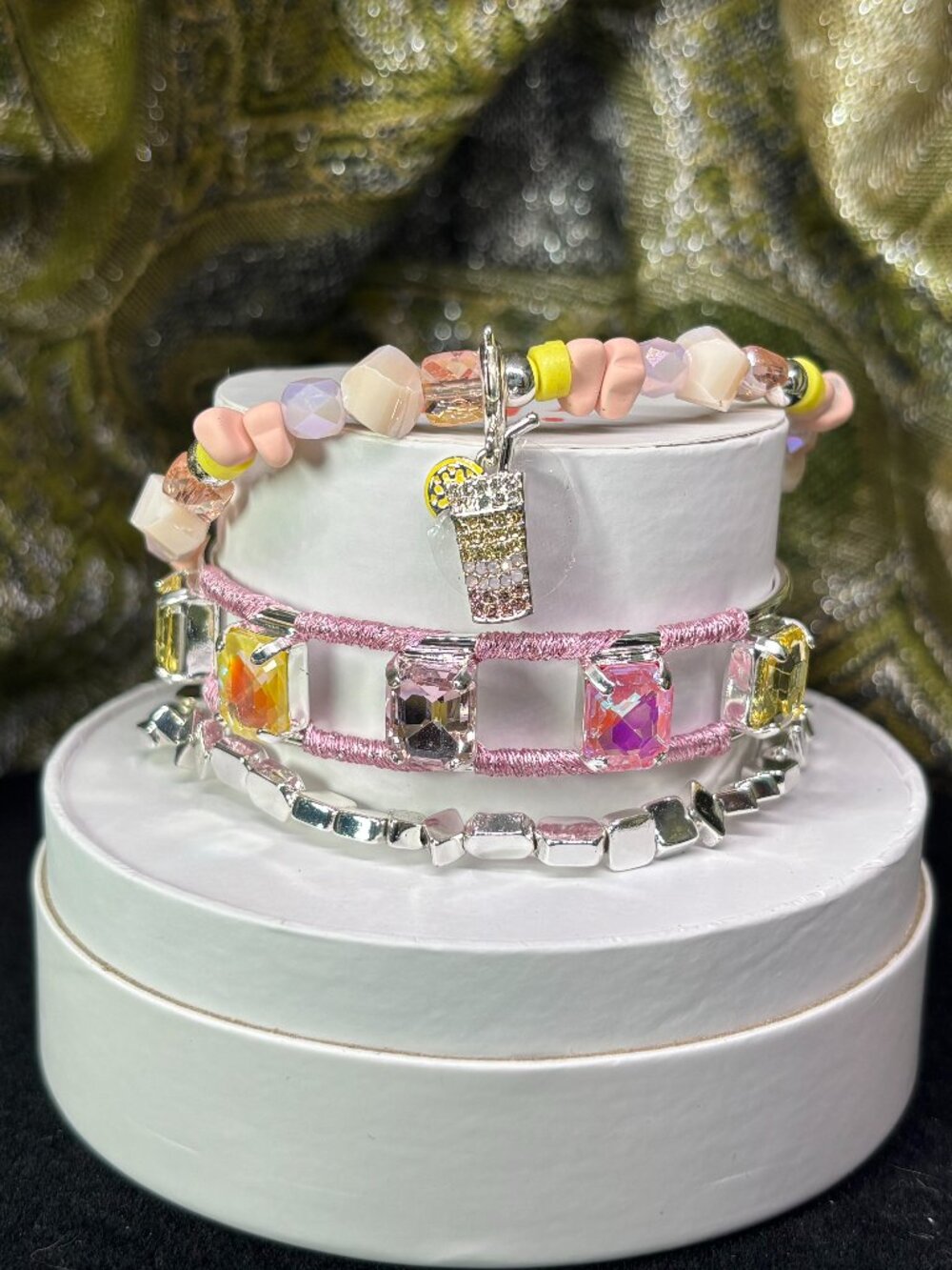 Bomb Party "Strawberry Lemonade Sparkle" Summer Stacks 3 Bracelet Set with Pink